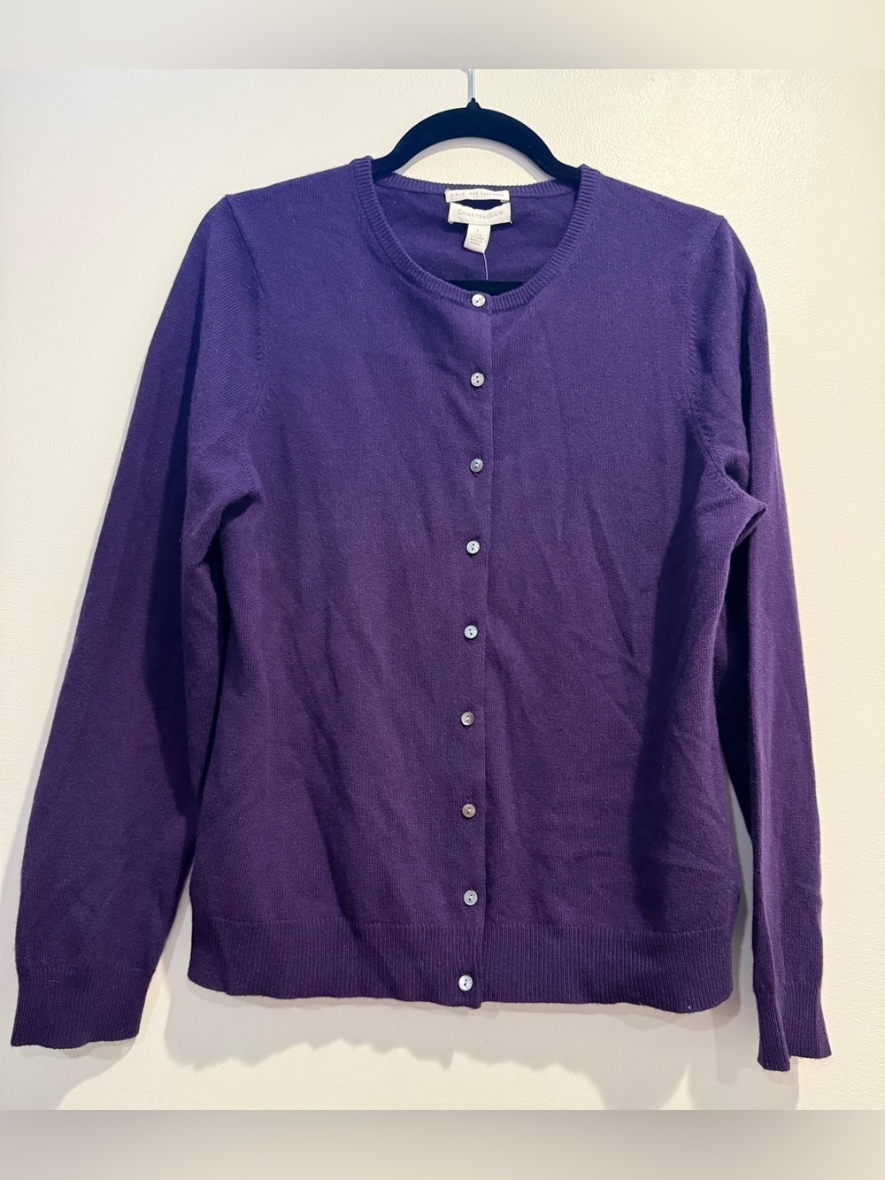 NWT Charter Club 100% Cashmere Purple Long Sleeve Button Up Cardigan Sweater L
